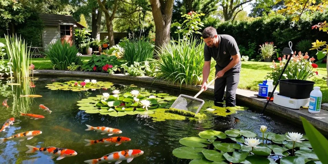 Pond Cleaning Surrey expert cleaning a serene garden pond in Surrey, showcasing vibrant koi fish and lush greenery.