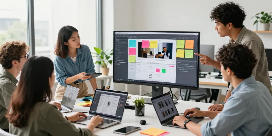 Team collaborating on a digital mixboard in a vibrant workspace.