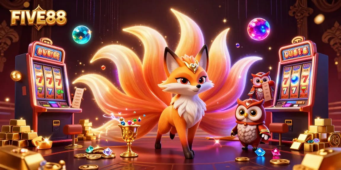 Engage with chance and excitement at FIVE88's vibrant casino with a mystical nine-tailed fox and treasures.