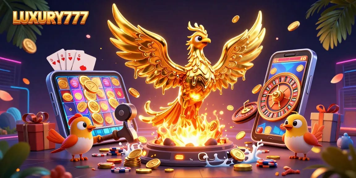 Permainan slot yang menguntungkan di LUXURY777, menampilkan karakter kartun mewah dan unsur kasino.