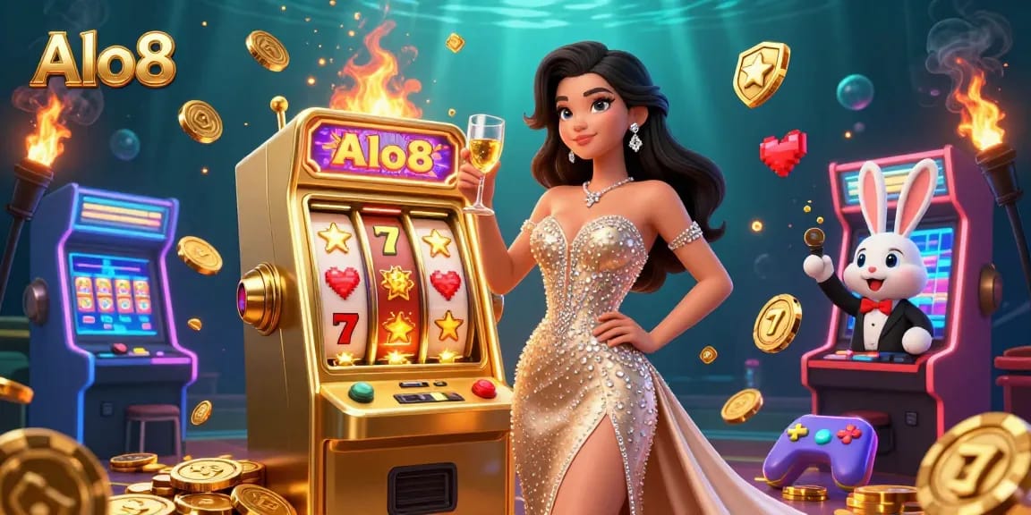 Alo8 rewards players with exciting casino experiences, celebrating wins beside a dazzling jackpot machine.