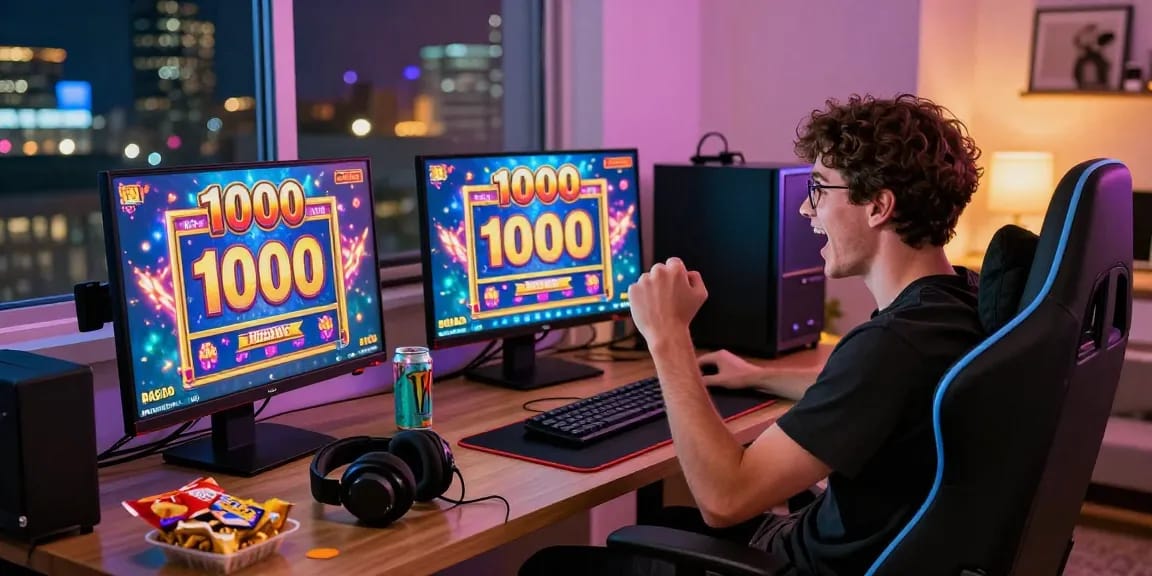 Player enjoying slot deposit 1000 games on multiple screens at home.