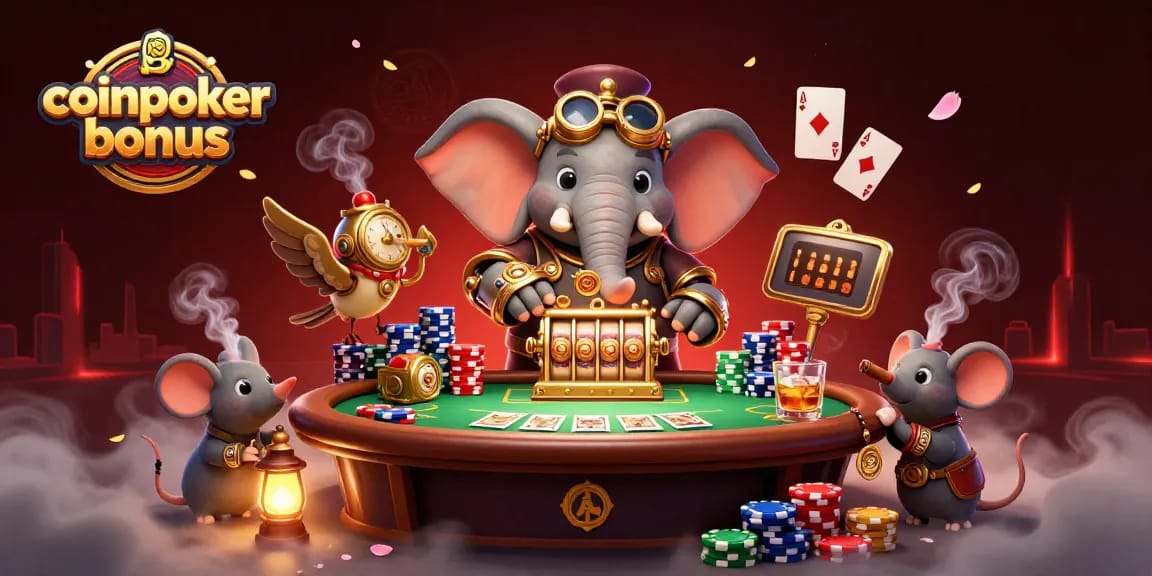 Gioca con il coinpoker bonus in un'illustrazione 3D di elefante ingegnere al tavolo da poker.