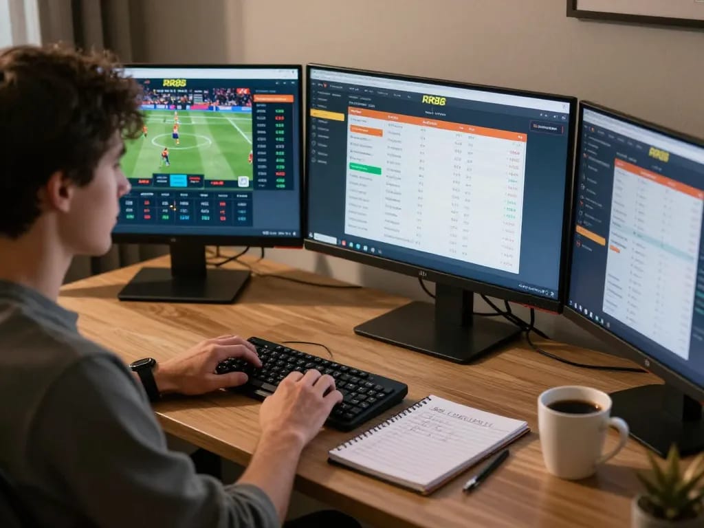 Betting on RR88 Auction platform during a home gaming session using multiple screens.