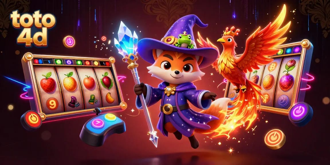 Engage with the magical world of toto 4d in a vibrant casino scene featuring a wizard fox and phoenix.