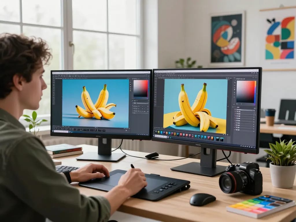 Editor using the nano banana pro AI image editor in a vibrant tech studio with dual monitors and creative tools.