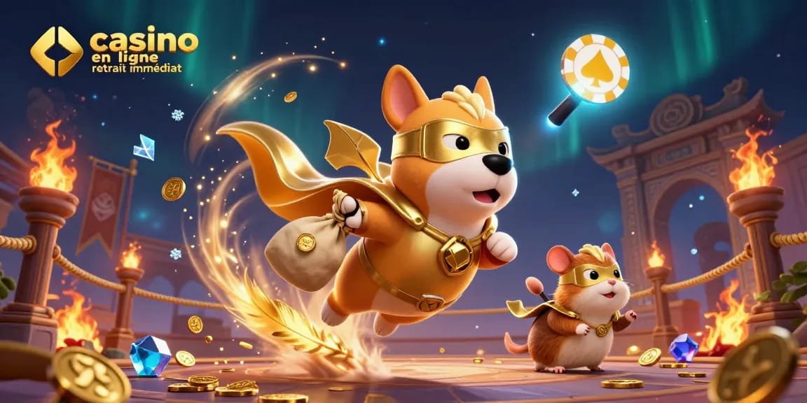 Découvrez le casino en ligne retrait immédiat avec une illustration vibrante mettant en scène un chien héroïque et un hamster.