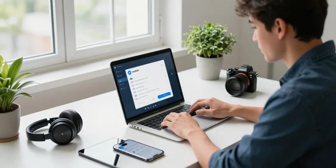 Configuring Telegram中文版 settings in a modern tech workspace with innovative gadgets and a focused atmosphere.