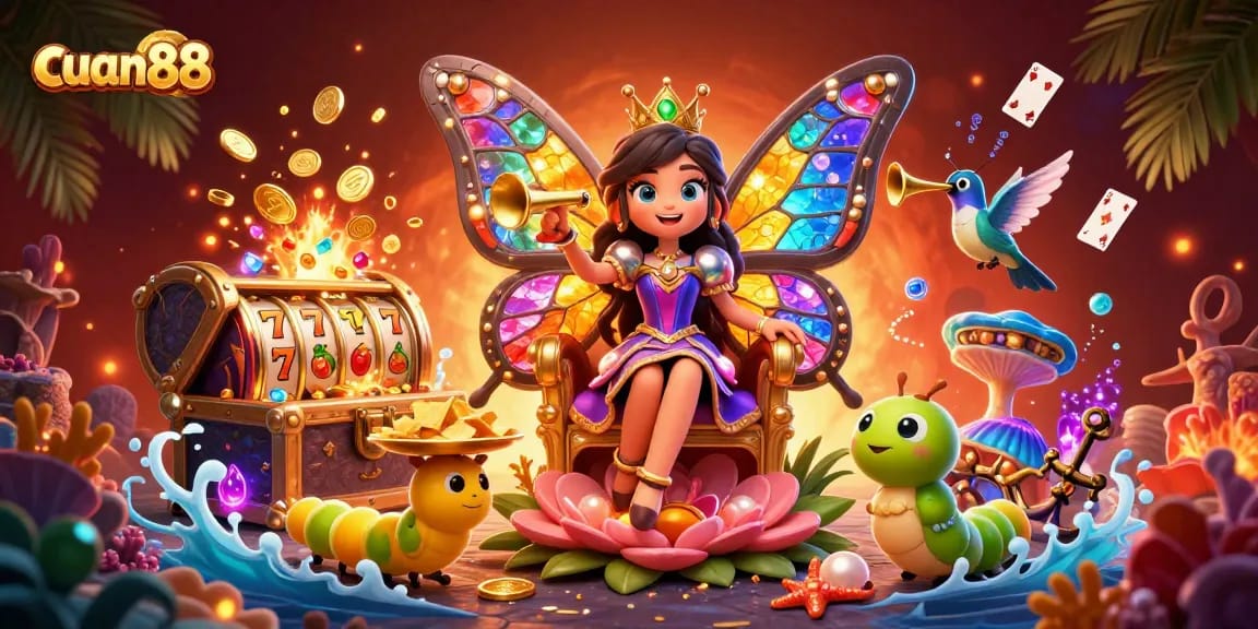 Menang di cuan88 dengan simbol slot yang menggoda dan suasana kasino yang kaya warna.