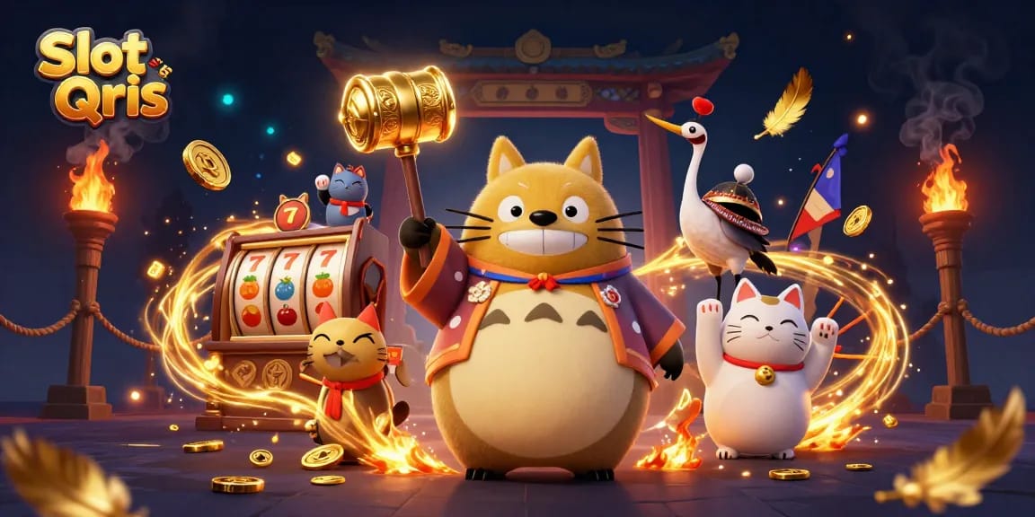 Experience the excitement of Slot Qris with cheerful characters and dynamic casino elements.