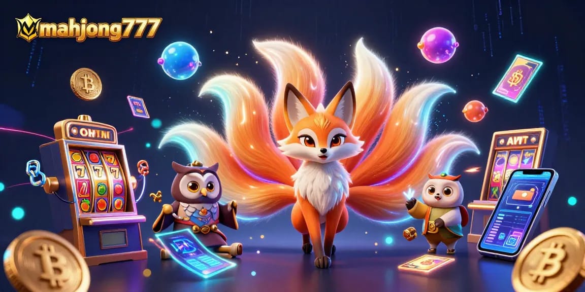Spin to win at mahjong777 with this vibrant 3D illustration showcasing the excitement of slot games and crypto elements.
