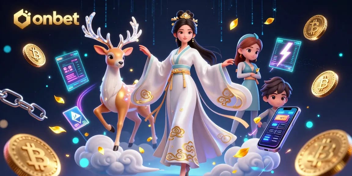 Engage with onbet’s vibrant casino scene featuring an Asian woman in hanfu surrounded by digital gaming elements.