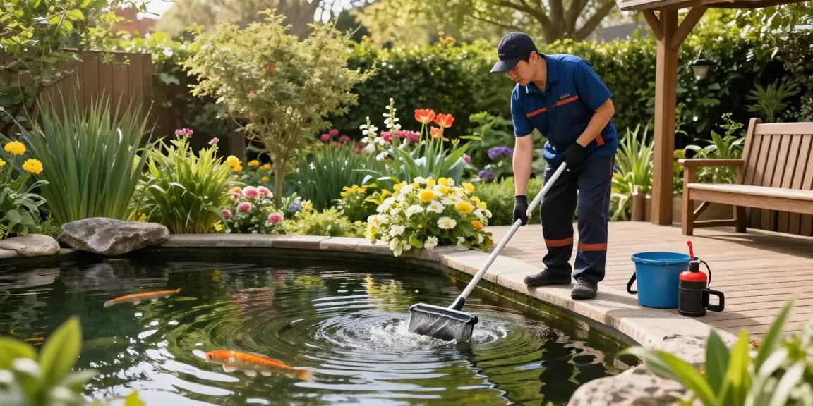 Pond Cleaning London services shown by a professional cleaning a vibrant pond surrounded by greenery.