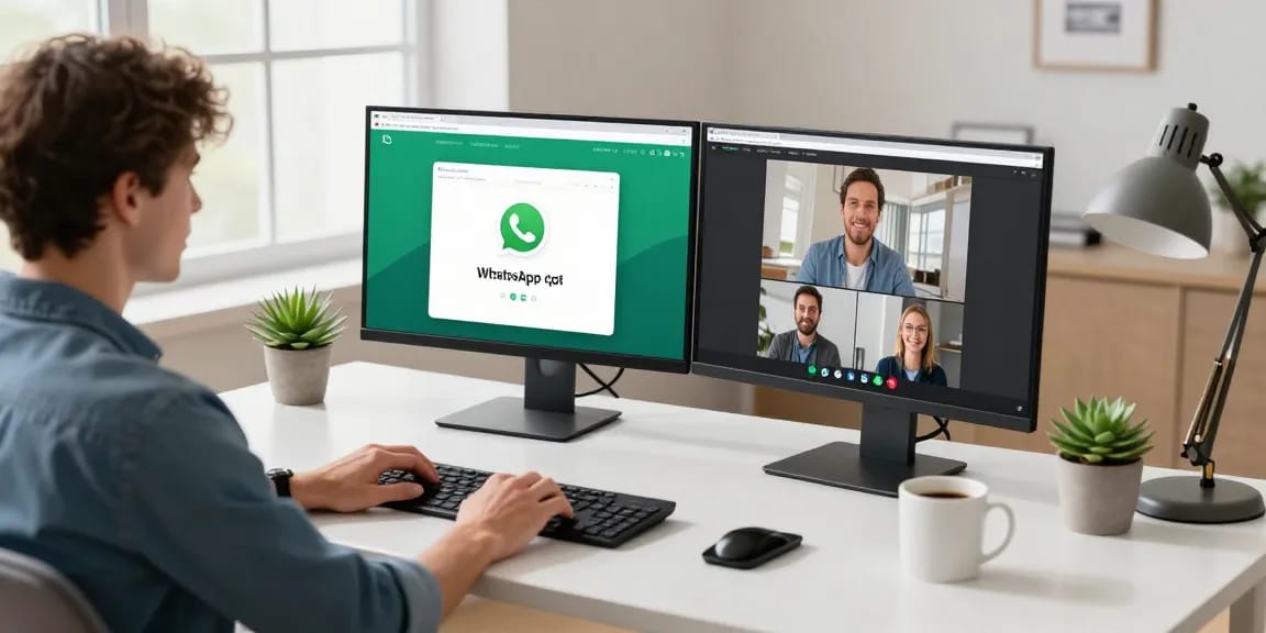 The professional using WhatsApp電腦版 at a modern workspace, enhancing business communication efficiency.