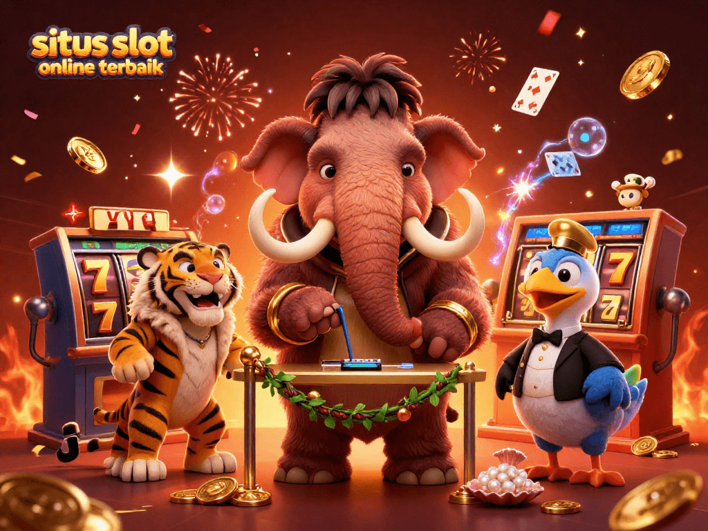 Situs slot online terbaik menyajikan bouncer mamut yang memeriksa ID dan tamu VIP kucing gigi sabre di pintu masuk kasino dengan suasana meriah.
