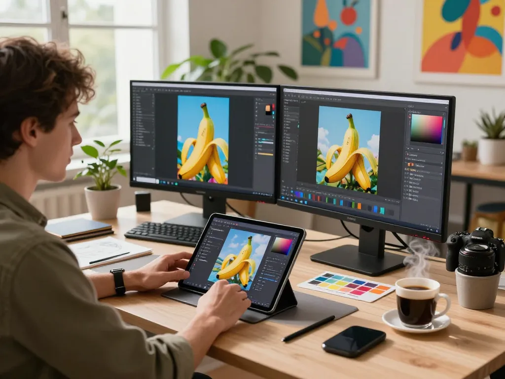 Designer using nano banana 2 AI image editor in a modern creative workspace with vibrant AI-generated images.
