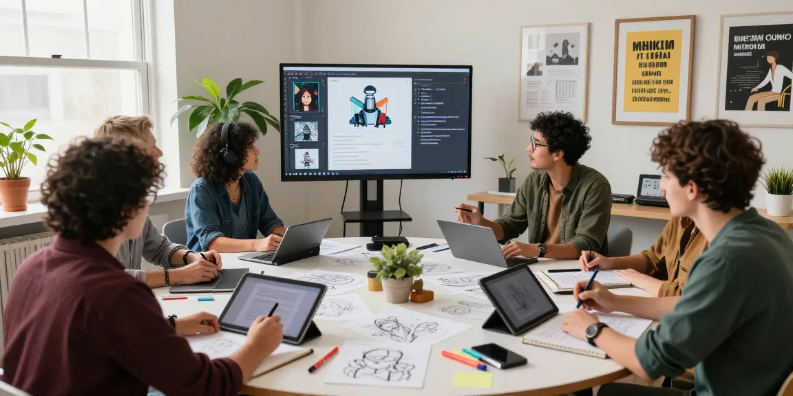 Designers collaboratively using the image to prompt tool in a vibrant tech workspace