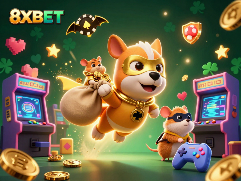 Play exciting games at 8XBET with a superhero dog and hamster in a vibrant casino scene.