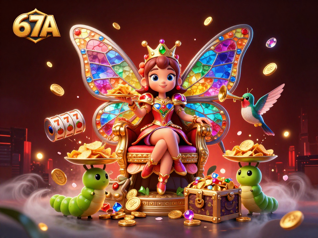 67A reina nas slots com joias brilhantes e personagens coloridos em um cenário de cassino vibrante.