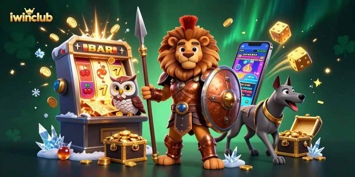 iwinclub showcases thrilling gameplay with a 3D Spartan lion, slot machine, and vibrant casino elements.