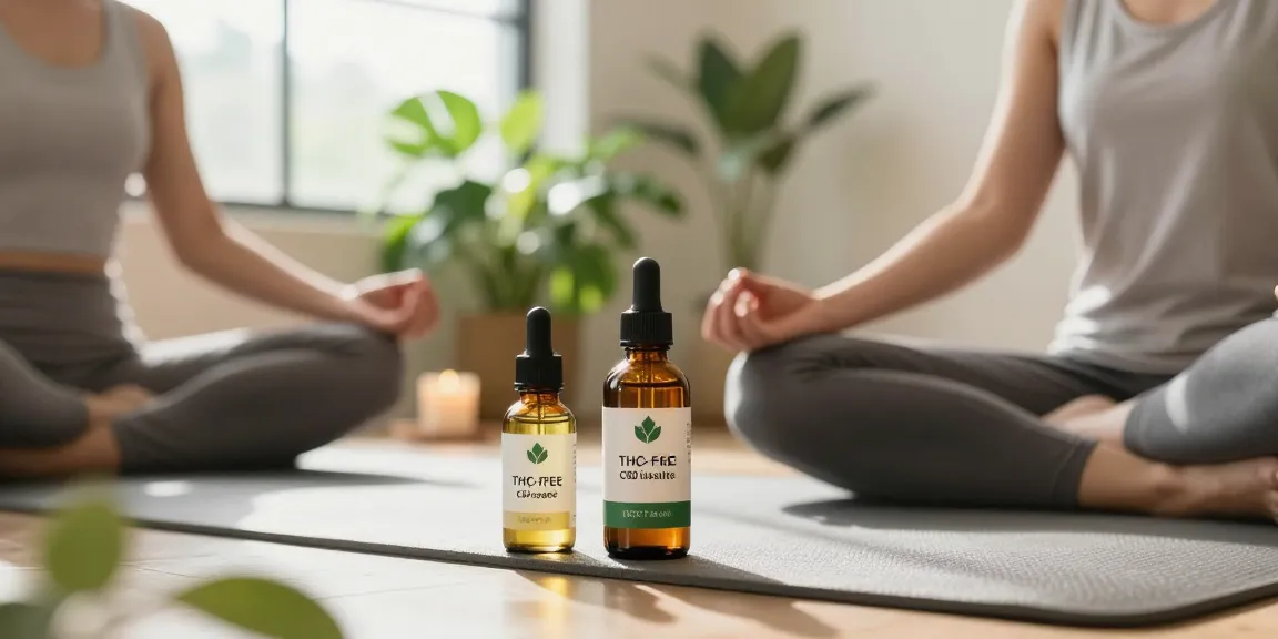 Natural wellness scene highlighting cbd isolate Canada with a person meditating and THC-free CBD oil isolate.