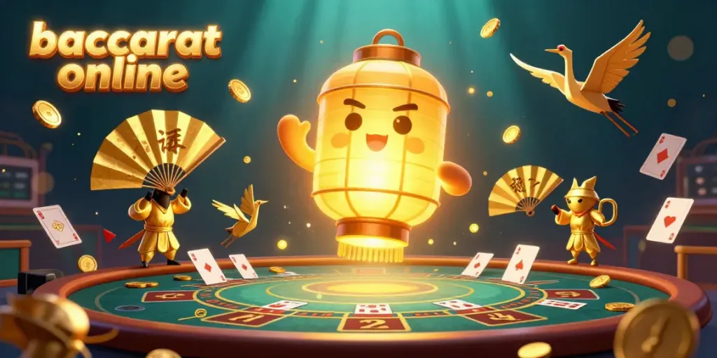 Experience the thrill of baccarat online with a vibrant casino scene featuring golden lanterns and game elements.