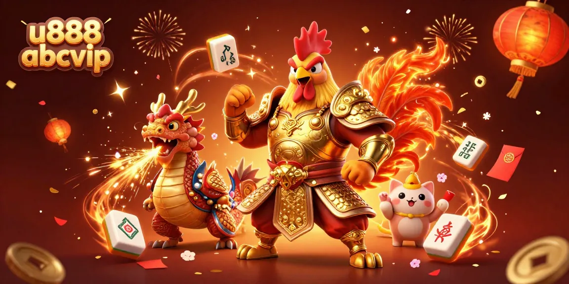 Experience the excitement with u888 abcvip as a fierce rooster warrior and dragon hatchling celebrate gaming victories amid vibrant casino elements.