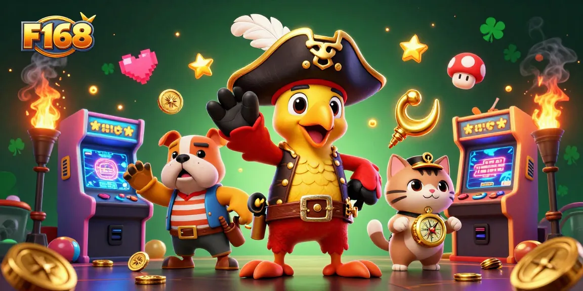 Experience the thrill of F168 gaming with colorful 3D characters and arcade elements in a vibrant casino scene.