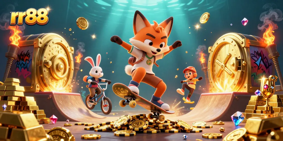 Engage in thrilling gameplay with rr88, featuring a dynamic scene of colorful 3D casino characters amidst treasures.