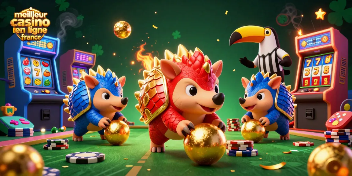 Visualisez le meilleur casino en ligne France avec des pangolins rivaux jouant parmi des symboles de fruits et des jetons de poker.