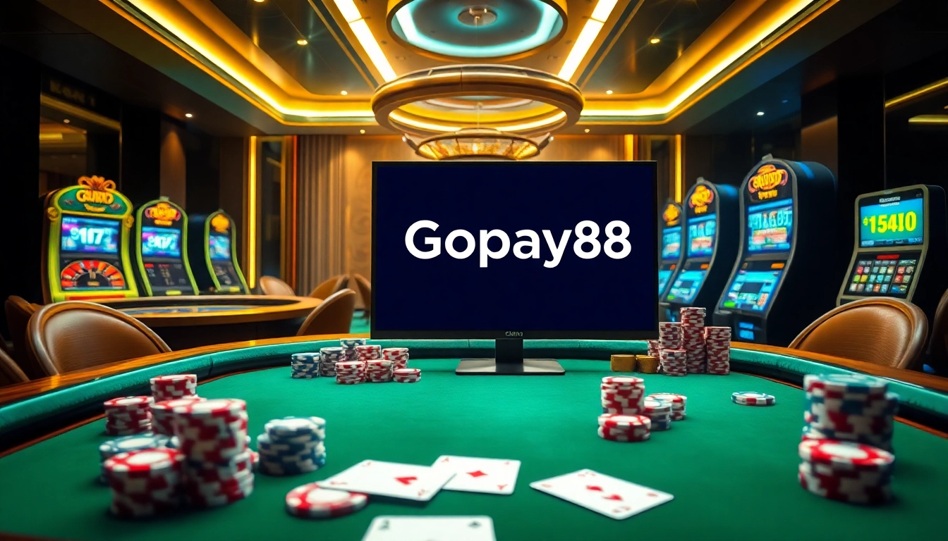 Vibrant online gambling scene featuring Gopay88 logo, poker chips, and slot machines.