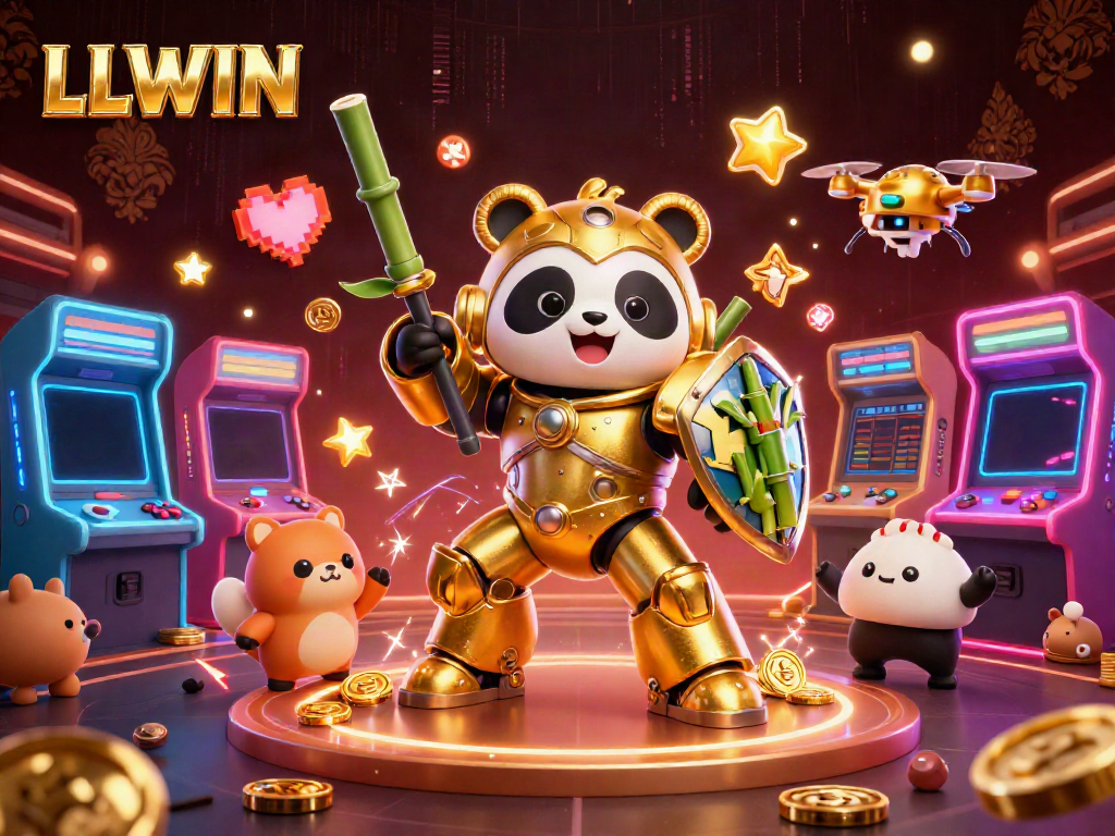 Engage with LLWIN's lively gaming arena featuring a mech-suit panda and vibrant gaming machines, crafted for ultimate fun.