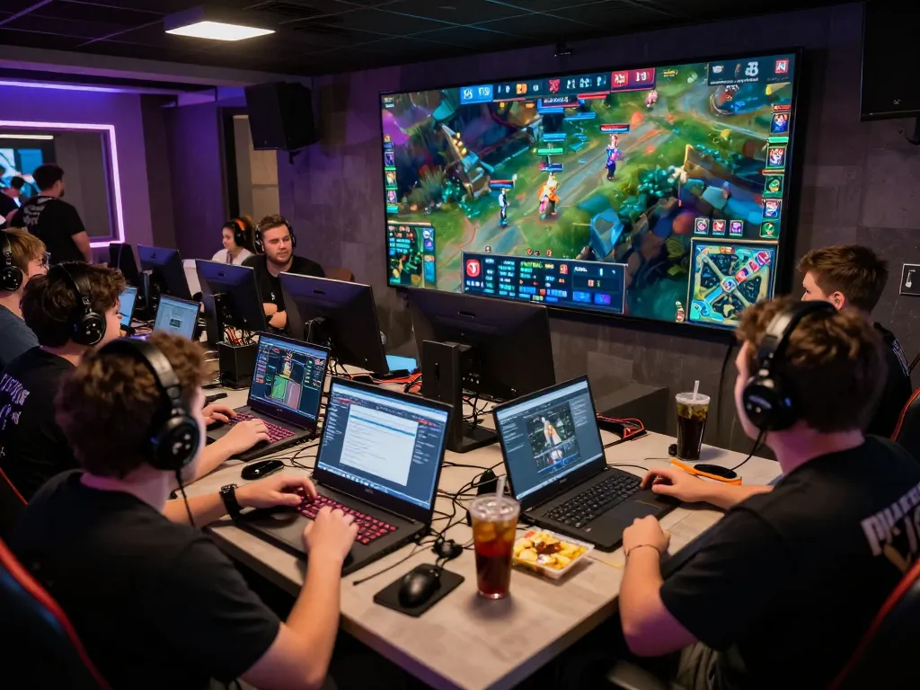 Dota 2 betting excitement in a gaming lounge with passionate gamers and live match stats displayed.