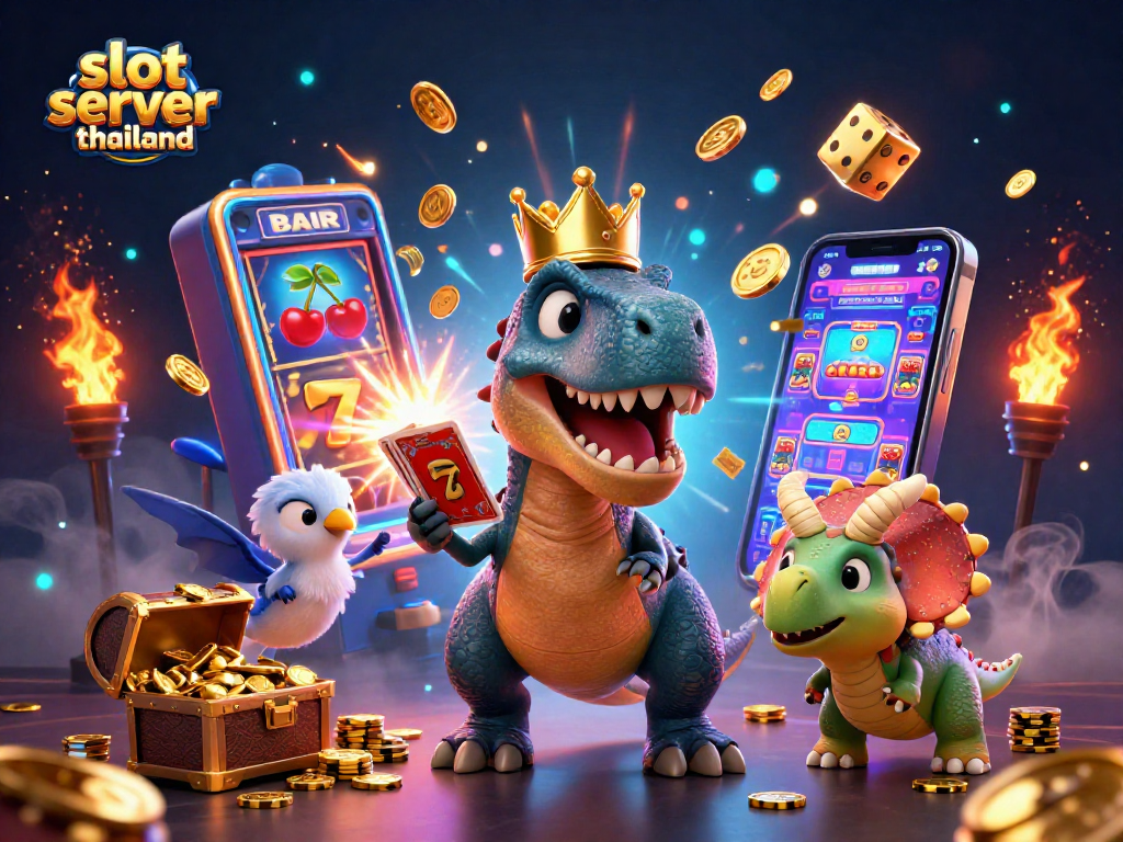 Join the fun on slot server thailand with cartoon characters shuffling cards and stacking chips in an exciting casino scene.