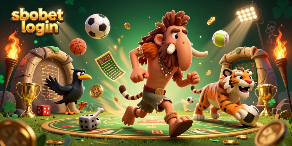 Engage with sbobet login in a playful prehistoric sportsbook scene featuring cavemen and sports-themed elements.