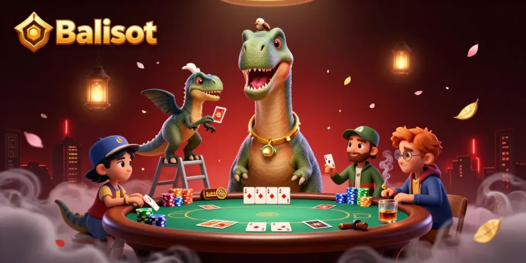 Balislot offers thrilling casino experiences with a gigantic brontosaurus overlooking an intense poker match.
