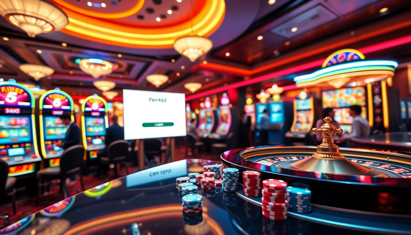 Engage with the exciting pen4d login interface while playing premier slot machines in a vibrant casino.