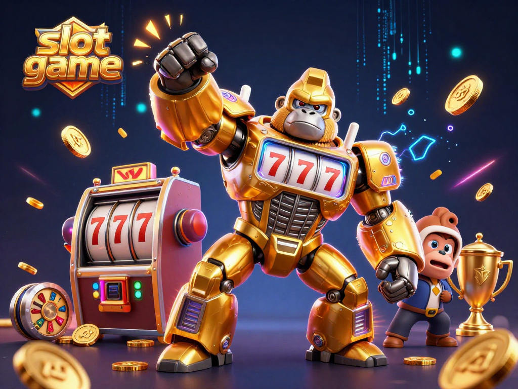 Engage in thrilling slot game action with a vibrant scene featuring a golden gorilla mech and dynamic game elements.