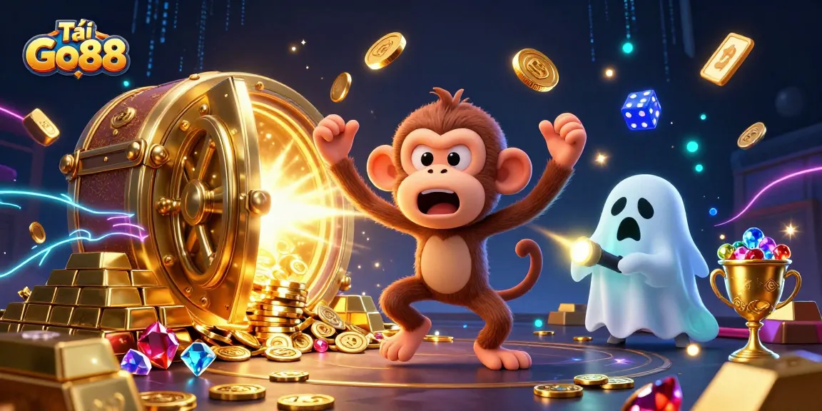 Tải Go88 to play with a mischievous monkey and ghost hunter puppy in a lively haunted casino