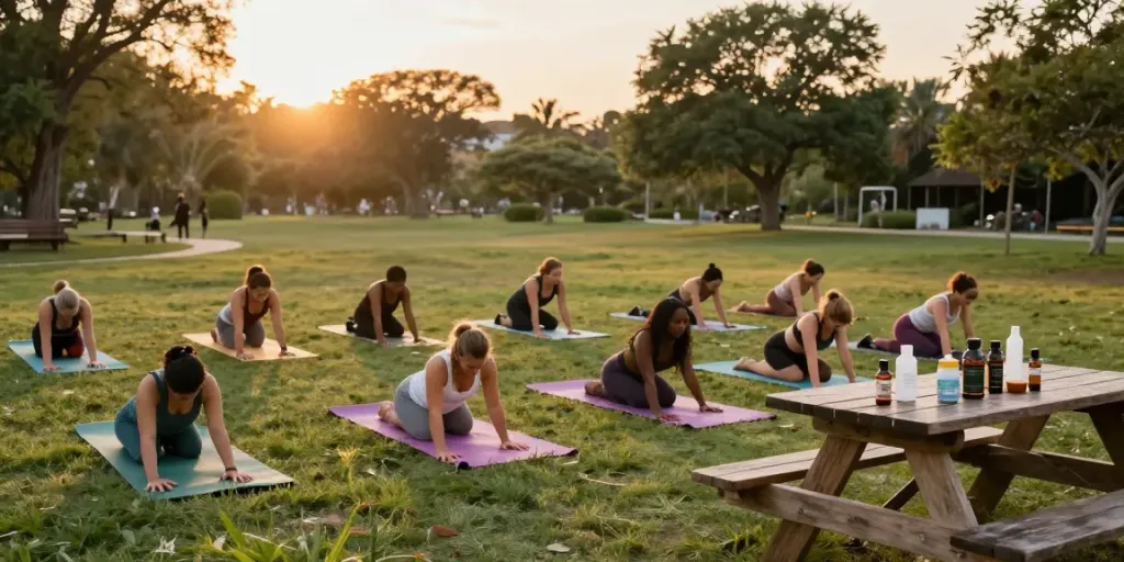 Leafy Market offers premium CBD oils and wellness products in a natural, community-focused outdoor yoga setting.