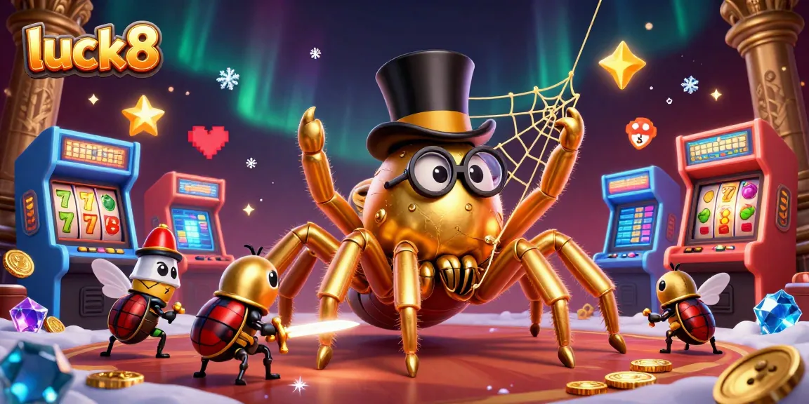 Experience the thrill of luck8 with a golden tarantula and beetle knight amidst vibrant slots and coins.