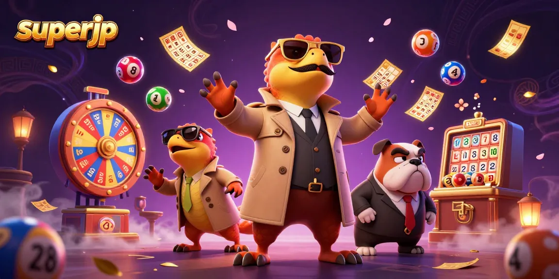 Join three raptors in a trench coat at the superjp casino, surrounded by vibrant lottery elements.