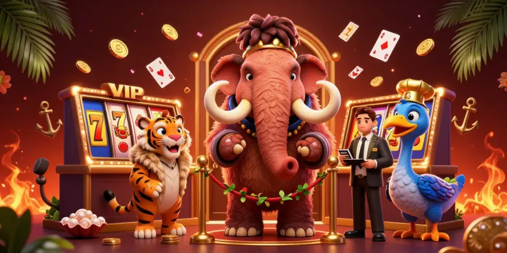 ratubola303 menarik perhatian di kasino dengan bouncer mamut berbulu dan tamu VIP sabertooth dalam suasana meriah