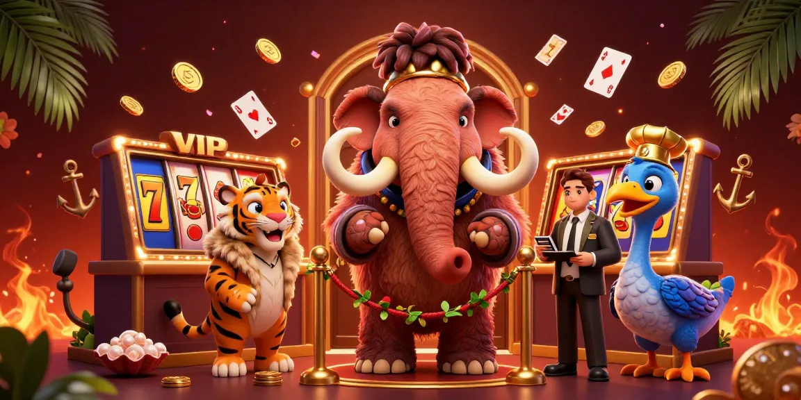 ratubola303 menarik perhatian di kasino dengan bouncer mamut berbulu dan tamu VIP sabertooth dalam suasana meriah