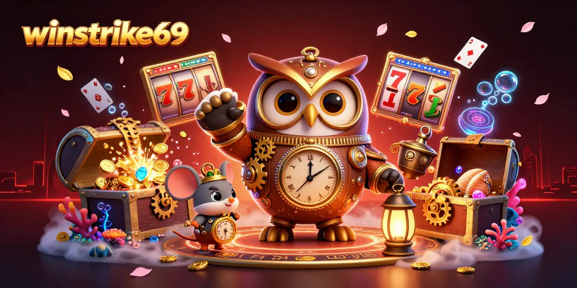 Winstrike69 players experience thrilling slot adventures and vibrant casino elements in this 3D illustration.