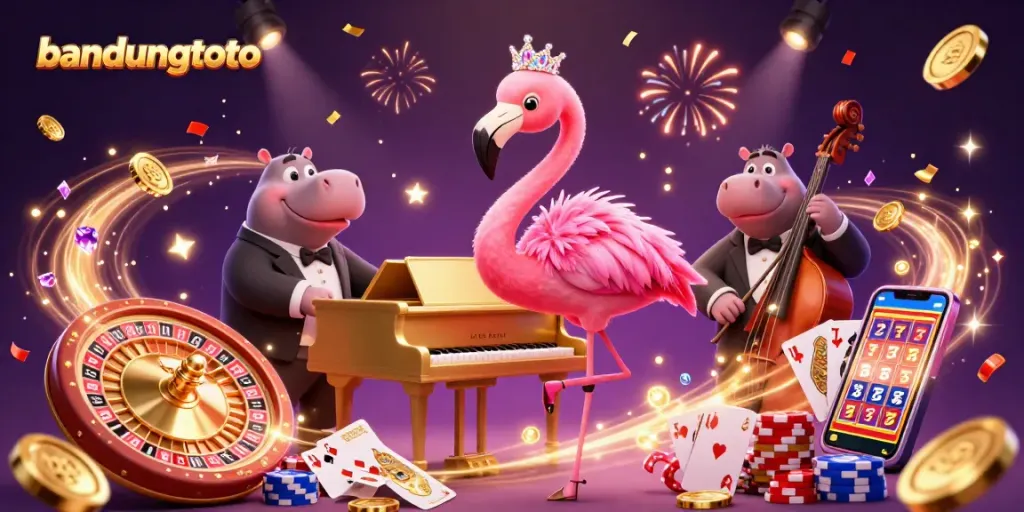 Experience thrilling gaming moments with bandungtoto, featuring vibrant casino characters and festive ambiance.