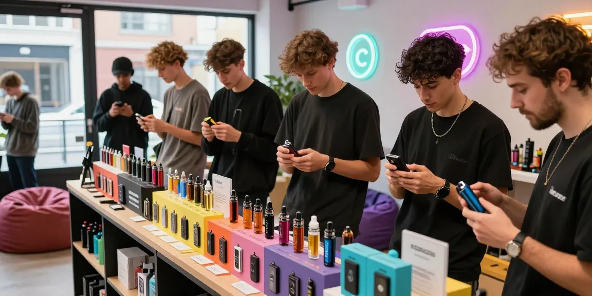 Exploring vape UK options in a trendy vape shop with diverse customers enjoying various vape kits and e-liquids.