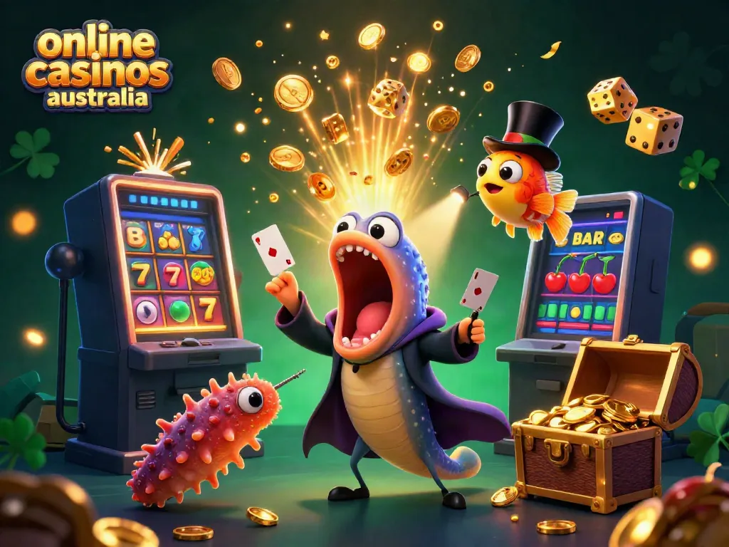 Engaging 3D illustration showcasing the excitement of online casinos Australia with unique aquatic characters and vibrant gaming elements.