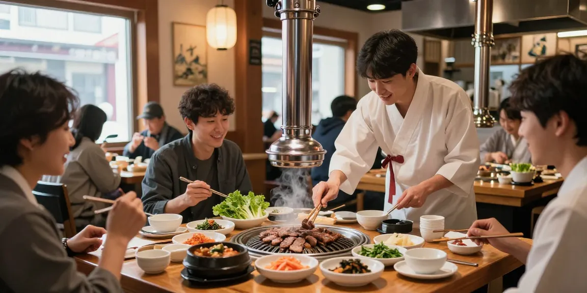 A vibrant dining experience at 상봉동 한국관 showcasing a chef grilling bulgogi surrounded by colorful banchan, inviting atmosphere.
