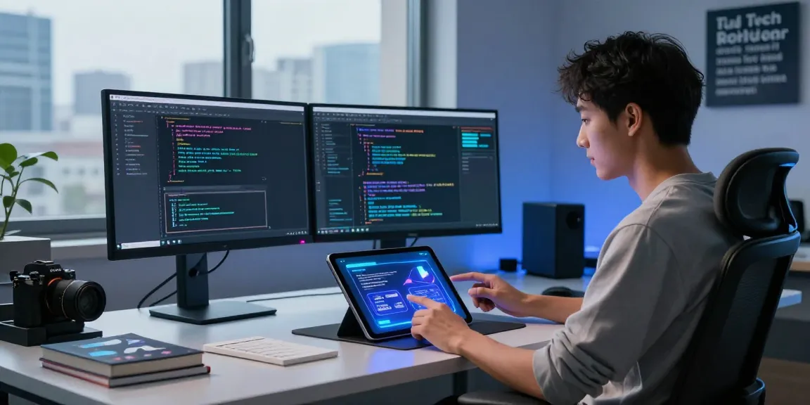 Kobold AI interaction scene showcasing vibrant holographic interface in a modern workspace with dual monitors, emphasizing innovative technology.